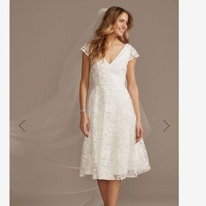 Ivory V-Neck Embroidered Lace Cap Sleeve A-Line Dress